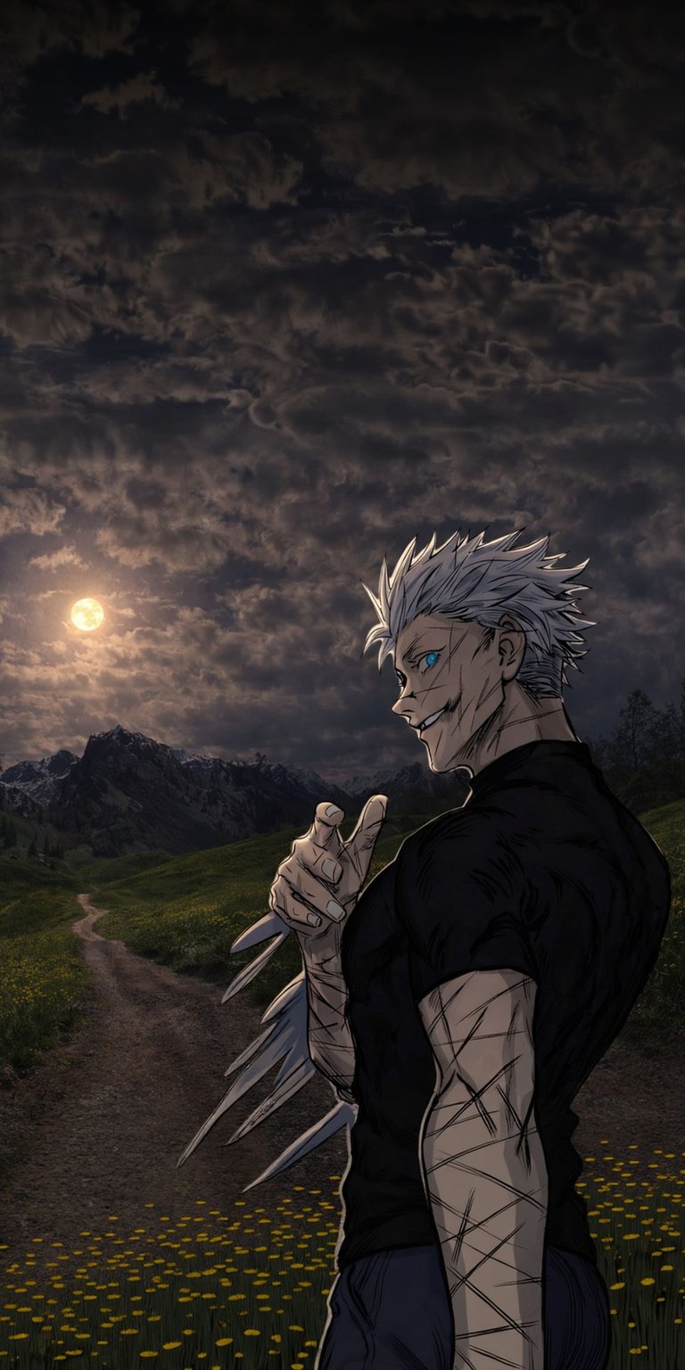 Download this Suguru Geto 4K wallpaper for your iPhone, showcasing his white hair and scarred skin. This high-quality wallpaper captures Suguru Geto against a backdrop of a dirt path and moonlit sky.