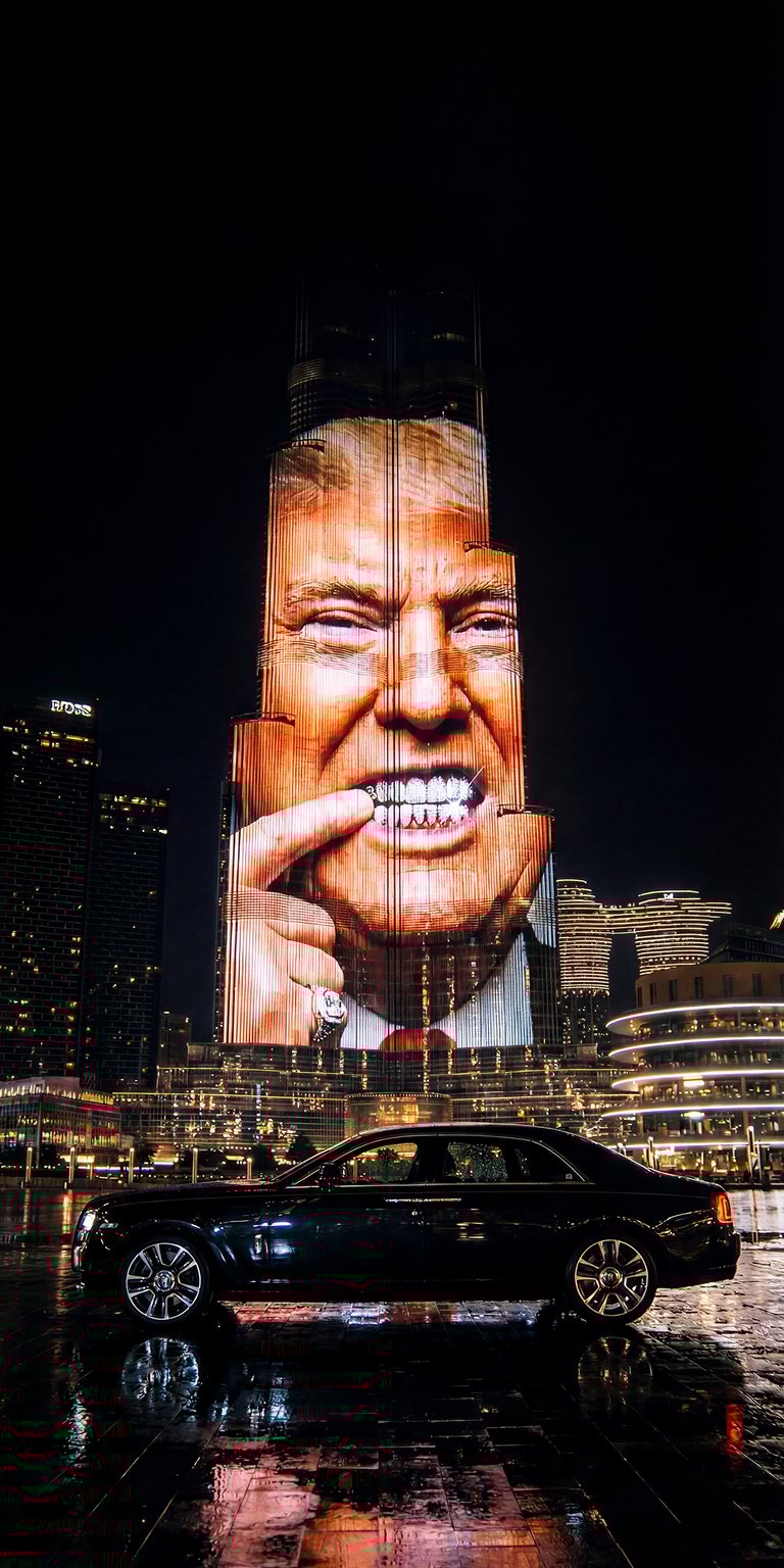 Get this amazing Donald Trump 4K wallpaper for your iPhone! Featuring Trump's face projected onto a skyscraper above a parked car, this wallpaper is sure to grab attention.