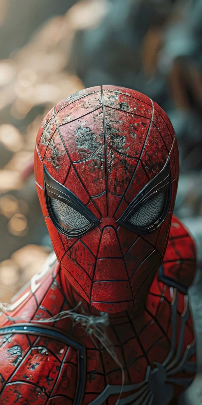 Download this incredible Spiderman 4K wallpaper for your iPhone, showcasing a battle-worn suit with visible damage. The suit's intricate web pattern and the lenses of his mask are highlighted in stunning detail making this a great wallpaper.