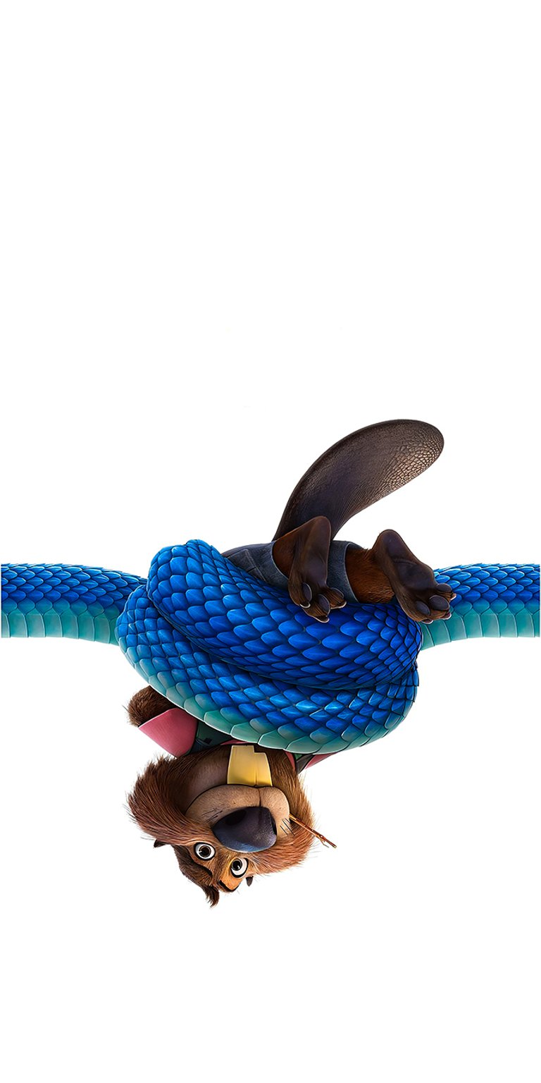 An unknown beaver character is shown upside down and tangled up by the mysterious blue snake Gary De'Snake, a central character in the upcoming Zootopia 2. This poster highlights the chaos caused by the new reptile in Zootopia. Perfect for fans of the Disney movie and those seeking a fun, high-contrast home screen. Works beautifully on iPhone, Android, and AMOLED displays.