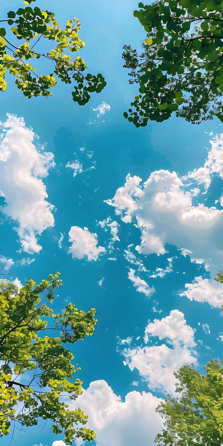 Brighten your iPhone with this stunning sky wallpaper in 4K resolution. The image features fluffy white clouds, vibrant green tree branches, and a clear blue sky.