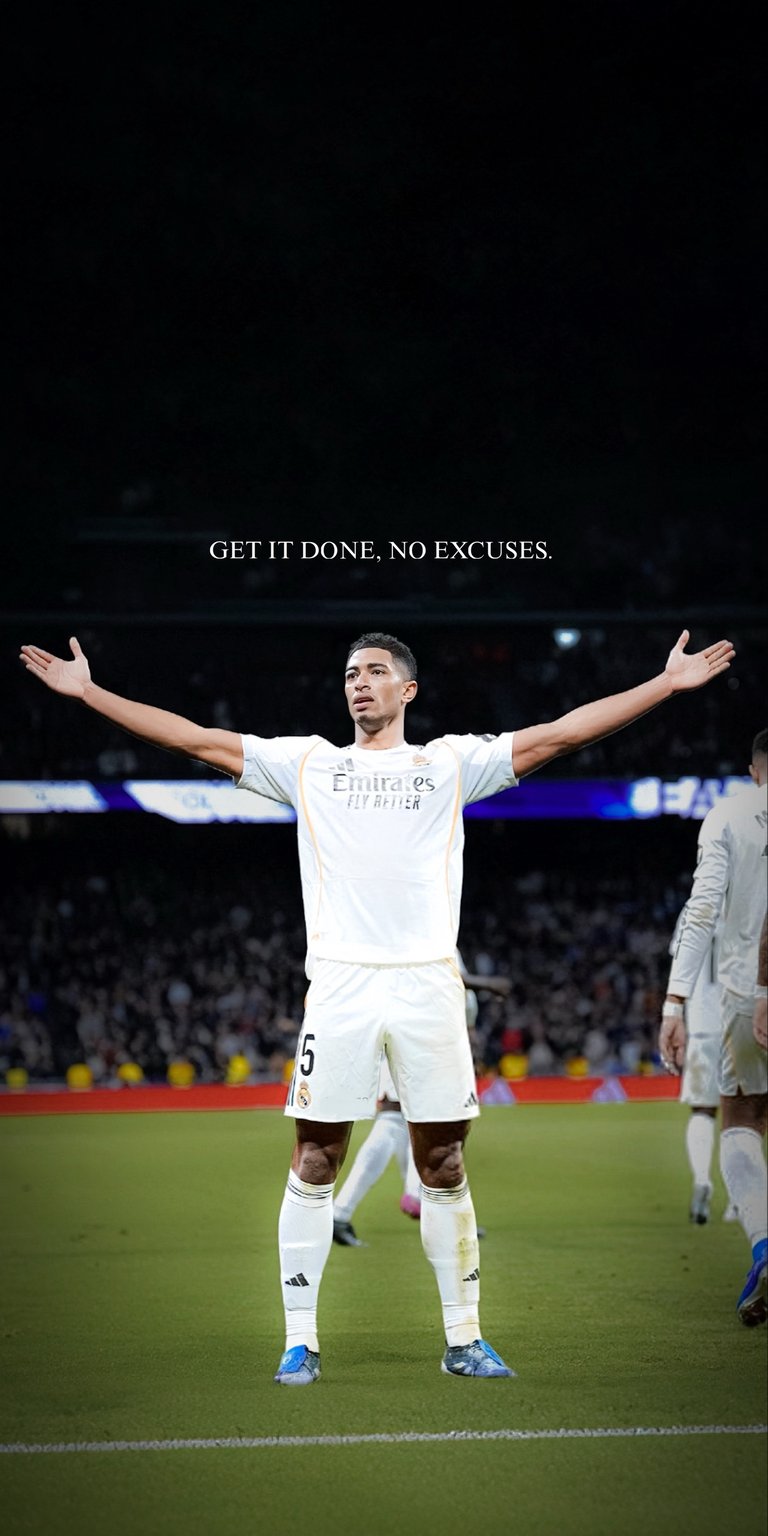Bring the energy of the Bernabéu to your phone with Jude Bellingham’s iconic open-arms celebration. Paired with the powerful "Get it done, no excuses" quote, this wallpaper is a must-have for every Madridista.