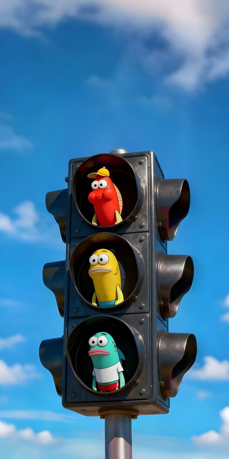 Get this silly traffic light fish 4K wallpaper for your iPhone! This wallpaper features a red fish wearing a yellow hat, a yellow fish with concerned eyes, and a teal fish with a tiny pink tongue.