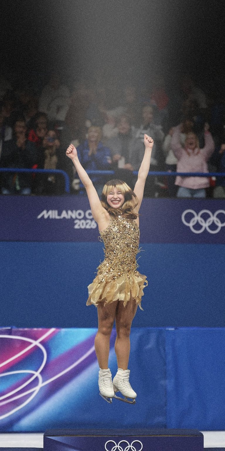 Figure skater Alysa Liu cheers with her arms raised in a gold sequin dress after a successful performance. This 3D wallpaper captures the peak of athletic emotion for a dynamic iPhone lock screen.