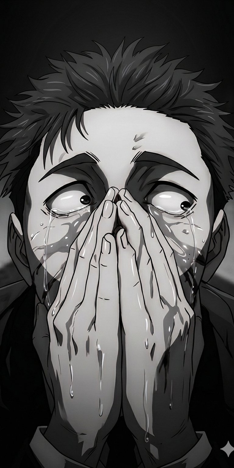 Hiromi Higuruma 4K wallpaper featuring an intense close-up expression with tears and detailed anime shading. This dark anime wallpaper looks sharp on iPhone with high contrast tones and emotional depth, ideal for aesthetic wallpapers fans.