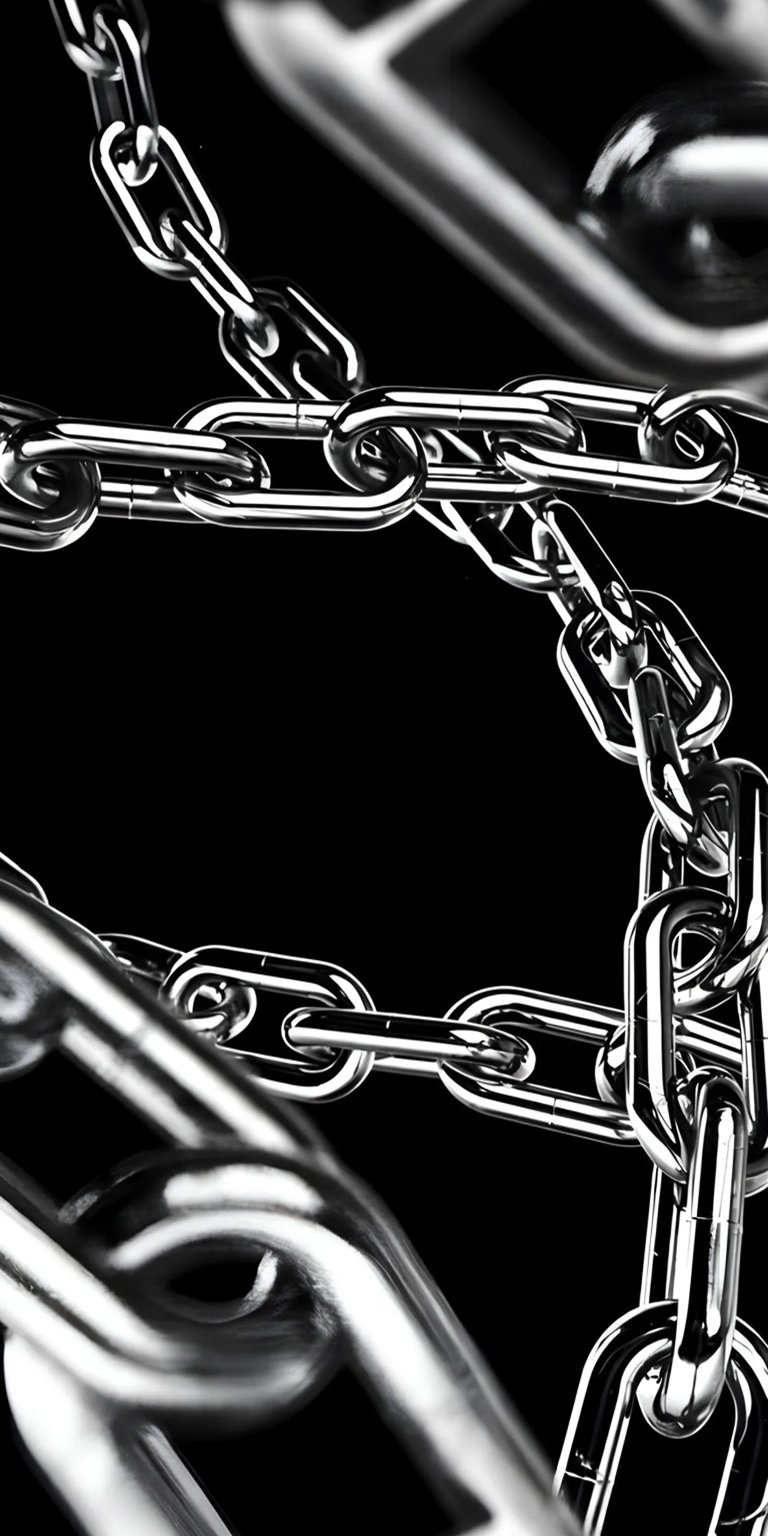 Download this sleek chains wallpaper in 4K for your iPhone, showcasing intertwined metallic links against a black background with a floating digital clock.