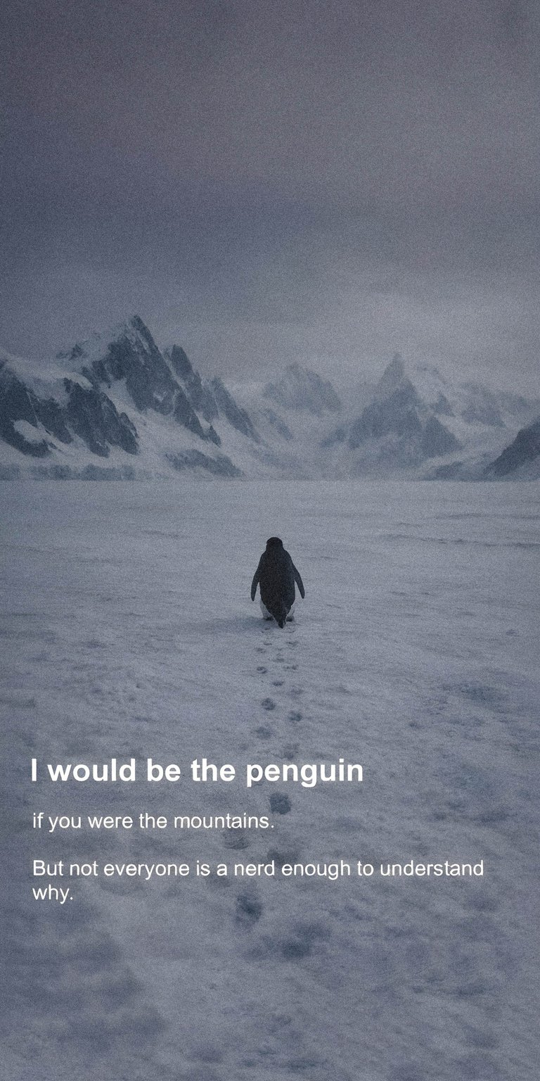 Download this stunning Penguin wallpaper for your iPhone, showcasing a solitary penguin walking on a snowy plane towards jagged mountains under a cloudy sky. This 4K wallpaper captures a sense of adventure and isolation.