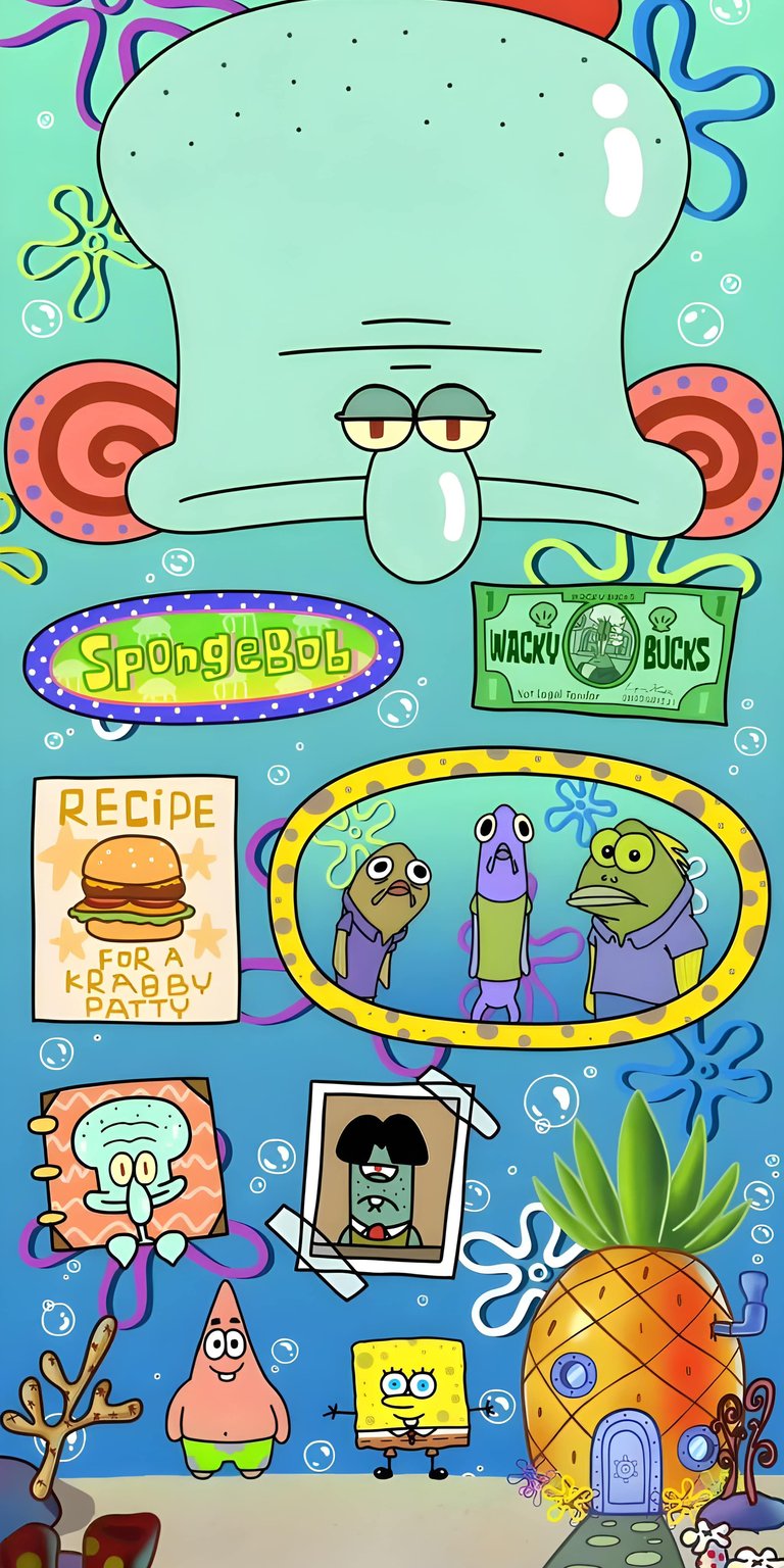 This vibrant 4K wallpaper captures an artistic collage of Squidward and the world of Bikini Bottom. Download this Squidward 4K wallpaper for your iPhone to show off your love for classic cartoon nostalgia.