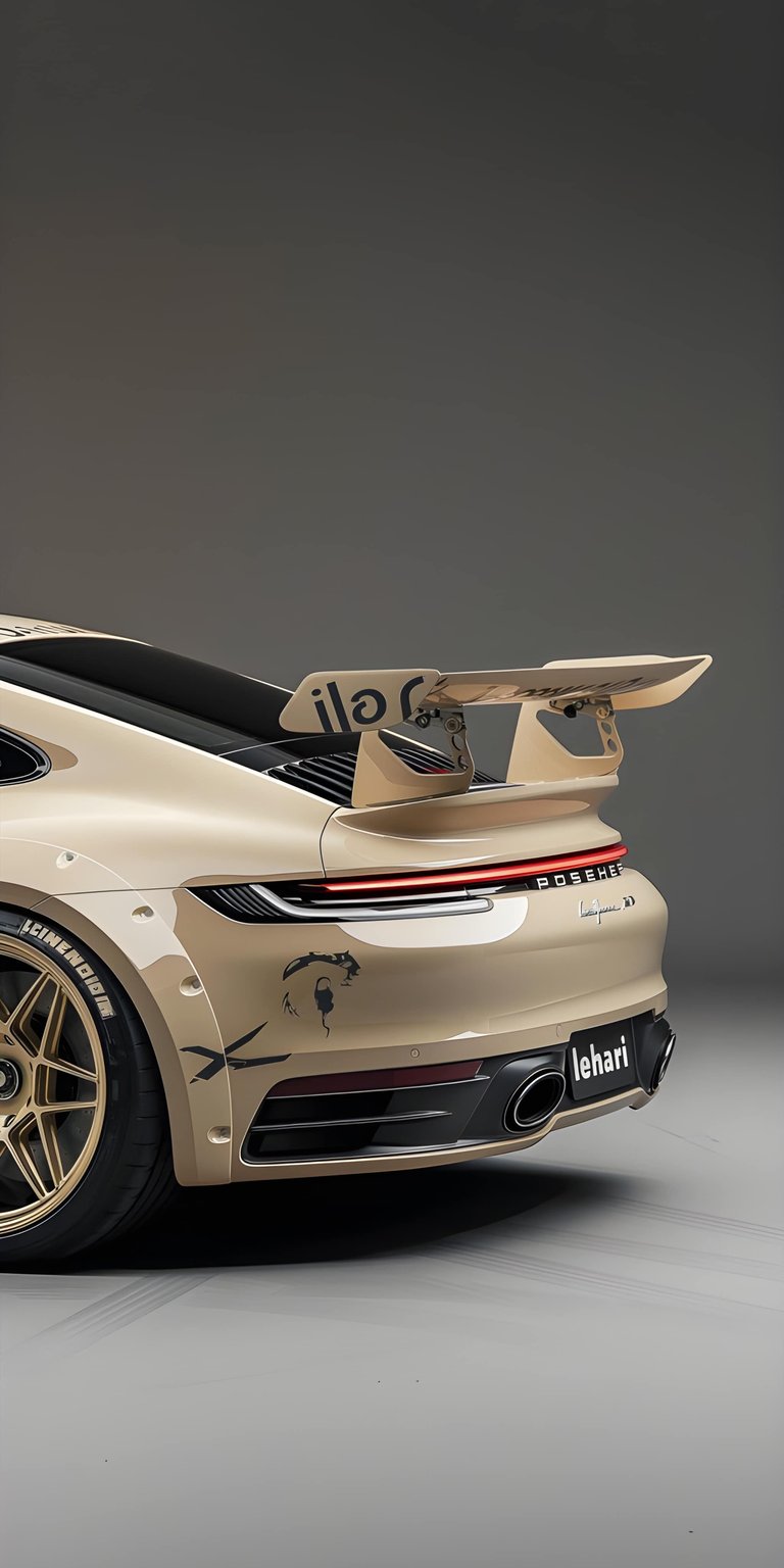 This Minimalist wallpapers design showcases the sleek rear profile of a tan Porsche 911 GT3 against a clean grey studio backdrop. Perfect for your iPhone, this high-resolution wallpaper features smooth curves, a prominent rear wing, and a sophisticated, modern aesthetic.