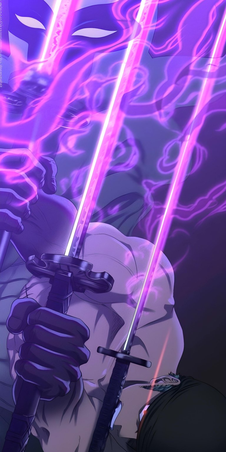 Get this Zoro wallpaper in 4K for your iPhone. This wallpaper showcases two sleek swords and a trail of glowing purple smoke.