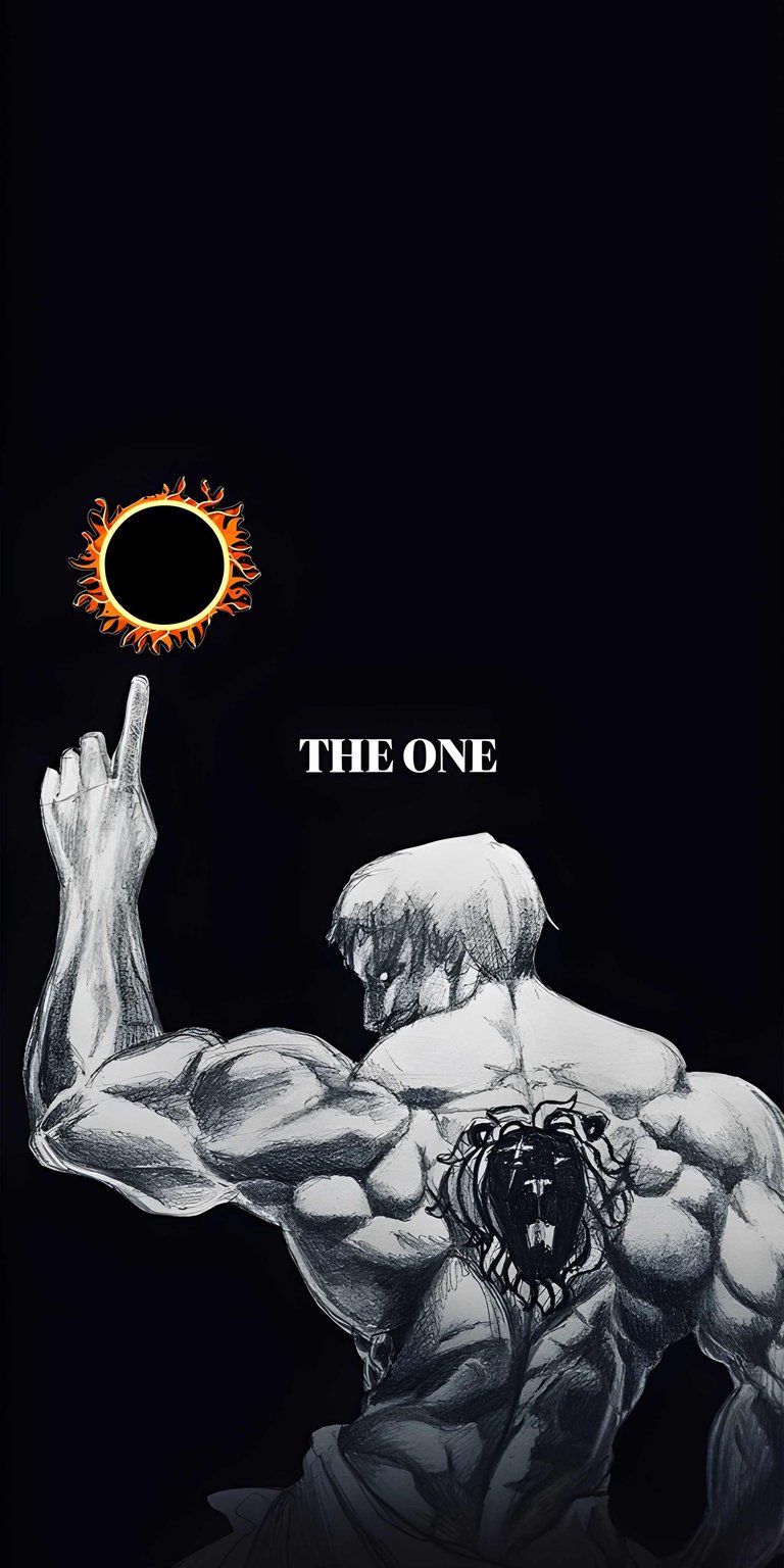 This stunning Escanor wallpaper in 4K resolution is perfect for your iPhone, highlighting his immense power as he points to the fiery sun. The artwork features detailed muscle definition and a distinctive lion tattoo on his back.