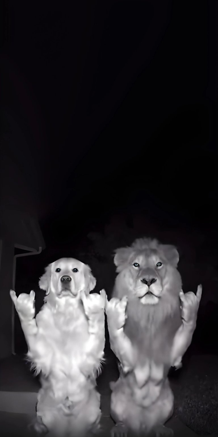 Download this Dog and Lion 4K wallpaper for your iPhone, featuring a golden retriever and lion throwing up the 'rock on' hand gesture. This adorable wallpaper showcases these unexpected friends with their funny arm muscles.