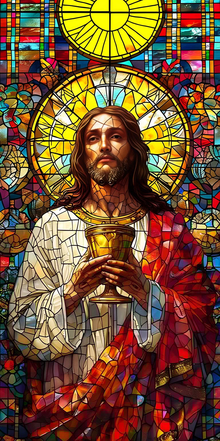 Jesus Christ 4K wallpaper designed in stained glass style with vibrant colors and radiant halo lighting. This aesthetic wallpaper adds rich detail and spiritual artistry to iPhone lock and home screens.