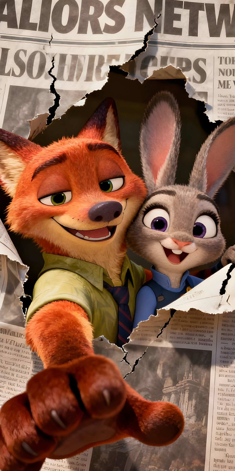 Download this Zootopia Nick Wilde 4K wallpaper for your iPhone today! This wallpaper features Nick and Judy breaking through a newspaper with torn edges and a vibrant color palette.