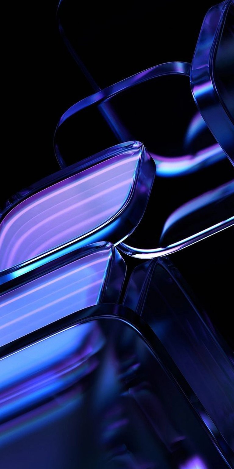 Download this stunning abstract wallpaper for your iPhone, showcasing a sleek, modern design in 4K resolution. The wallpaper features translucent blue geometric shapes with iridescent glows against a stark black backdrop, offering a futuristic and stylish look.