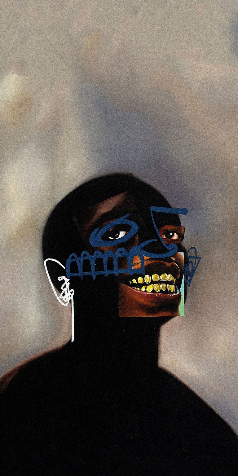 This striking JPEGMAFIA wallpaper features a distorted portrait with gold grills and blue line art. It is a bold aesthetic wallpaper designed to stand out on any iPhone.