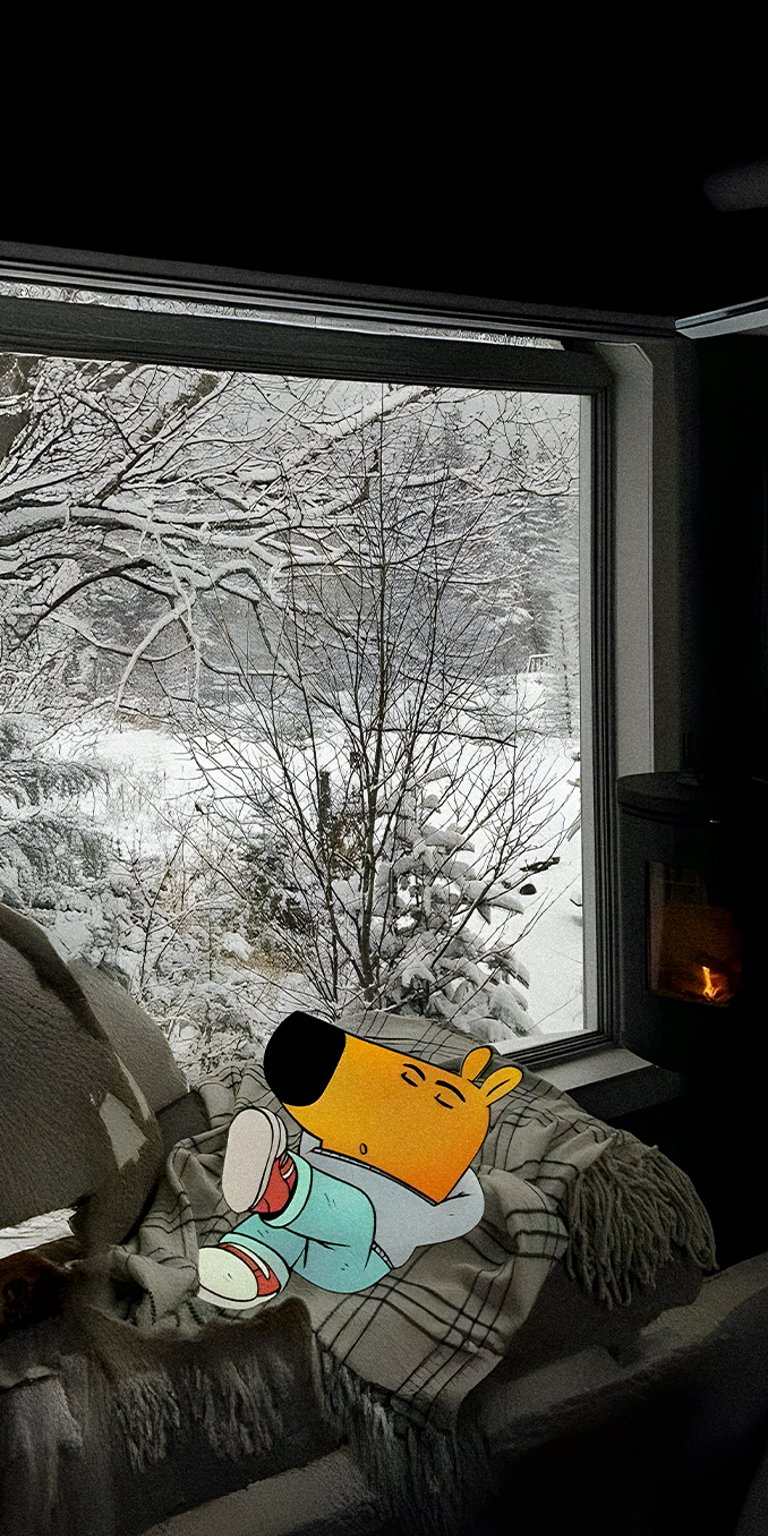 Chill Guy sleeping in a bed on a snowy weather wallpaper