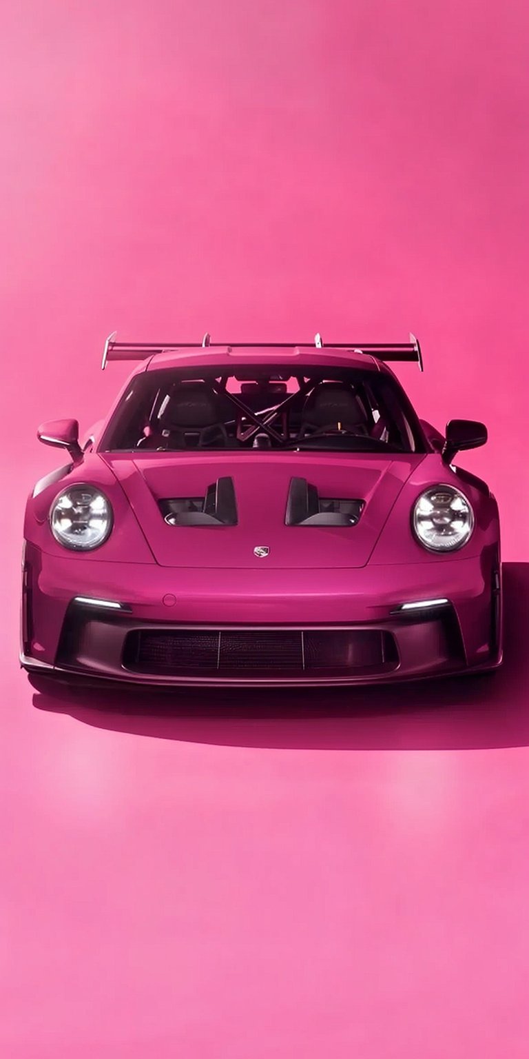 Download this stunning pink Porsche 911 GT3RS wallpaper in 4K for your iPhone! This wallpaper features a striking front view, open hood vents, and a subtle spoiler.
