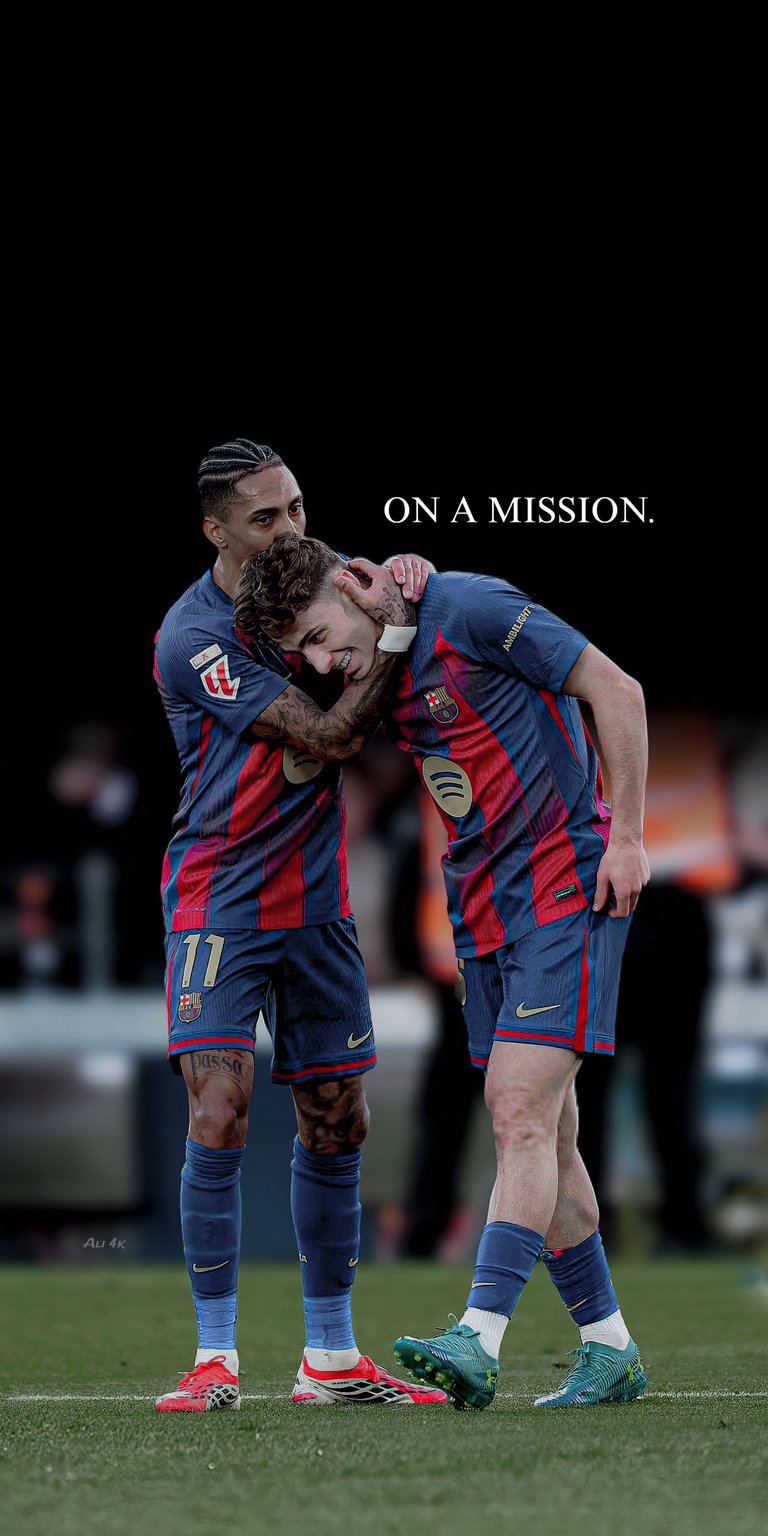 FC Barcelona players in red and blue kit captured in an emotional match moment with dark stadium lighting and bold text overlay. This 4K wallpaper is perfect for iPhone lock screen and home screen setups, featuring a dramatic aesthetic wallpaper style.