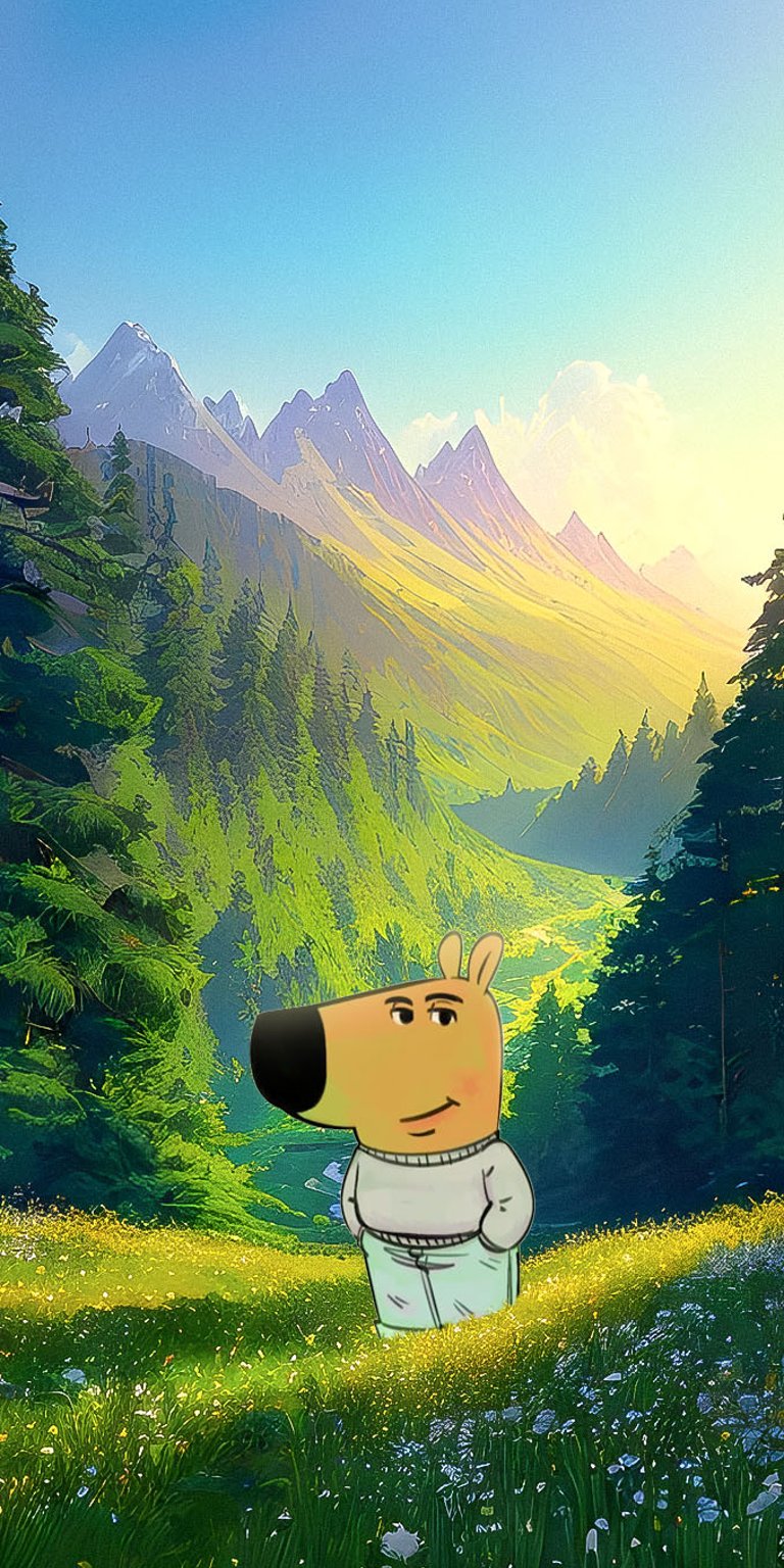 Chill Guy standing in a grassy area at the forest mountains wallpaper