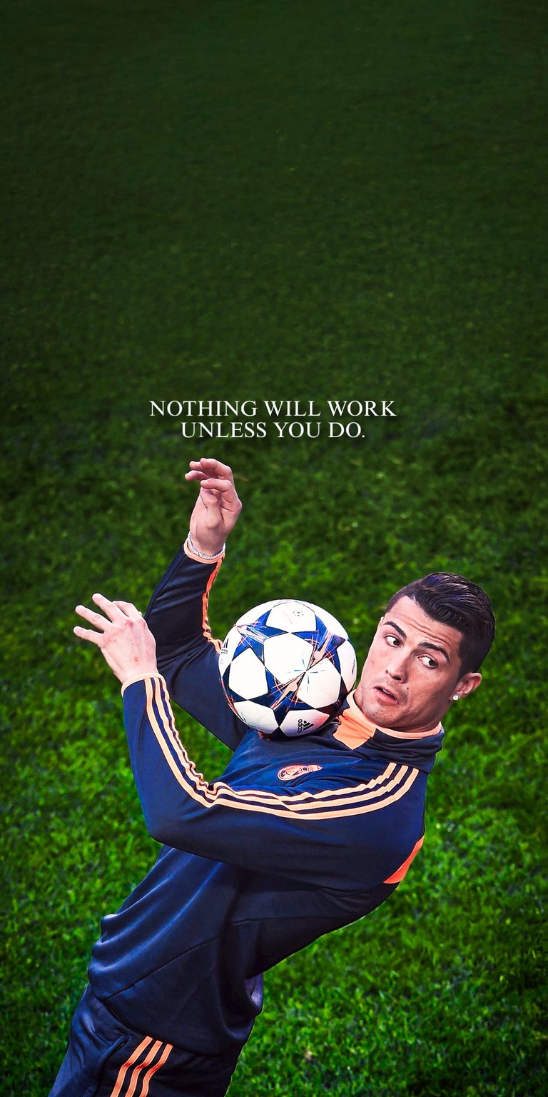 This Cristiano Ronaldo 4K wallpaper features the legendary athlete balancing a football during a Real Madrid training session. Designed as an aesthetic wallpaper for iPhone, it showcases high-contrast green turf and an inspirational quote for a focused home screen.