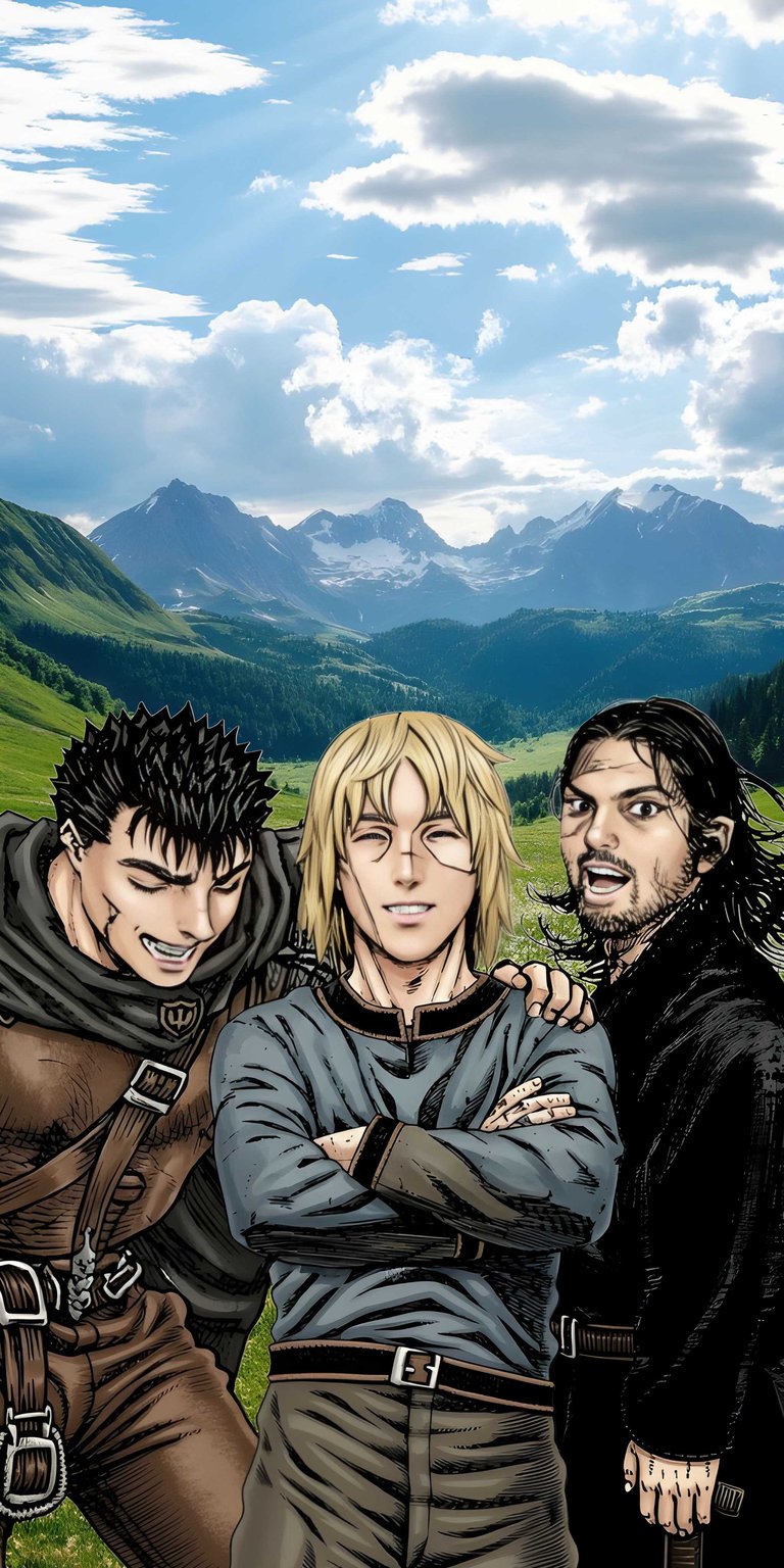 Download this Berserk Band 4K wallpaper for your iPhone, showcasing Guts, Griffith, and Casca. This high-quality wallpaper highlights the characters with mountains and blue skies in the background.