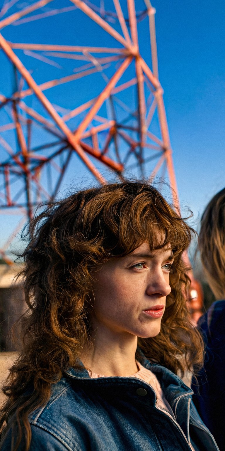 Download this captivating Natalia Dyer 4K wallpaper for your iPhone, showcasing her stylish denim jacket and windswept brunette hair. This wallpaper features a striking backdrop of an orange metal tower.