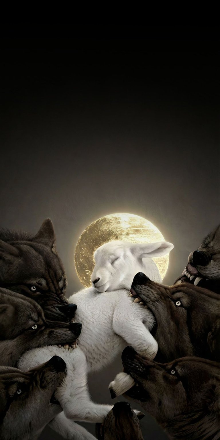 Download this stunning 4K wallpaper for your iPhone, showcasing a lamb surrounded by menacing wolves with piercing eyes and bared teeth. This wallpaper features a dramatic composition with a bright moon behind the lamb, creating a striking visual.