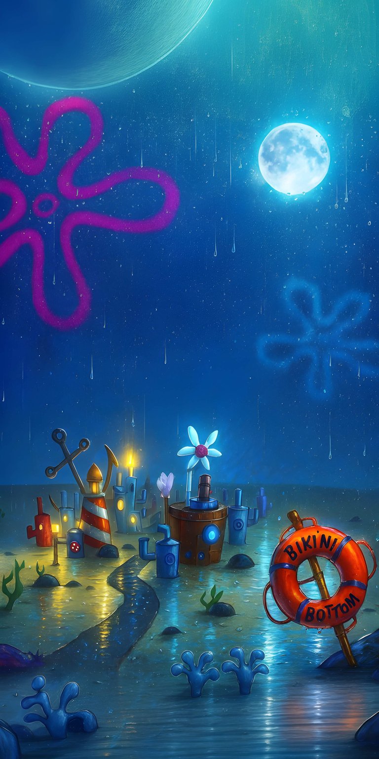 Get this cool Spongebob 4K wallpaper for your iPhone, showcasing a serene rainy night in Bikini Bottom. The wallpaper features glowing neon Patrick starfish, a bright full moon, and a detailed lifeguard buoy.