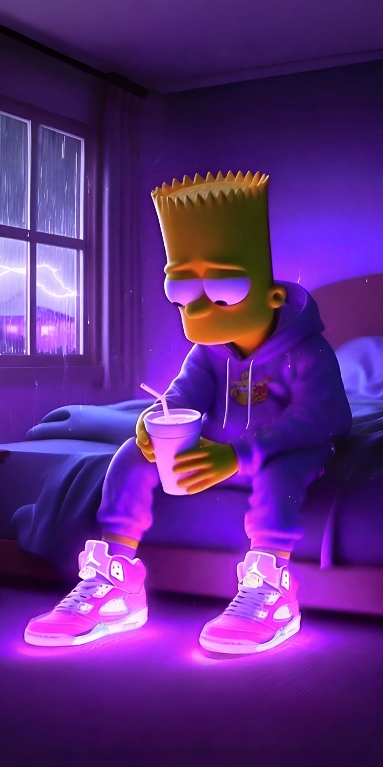 Get this Bart Simpson wallpaper for your iPhone, showcasing the iconic character in 4K resolution. The image highlights Bart in a purple hoodie, holding a drink, while lightning flashes outside the window.