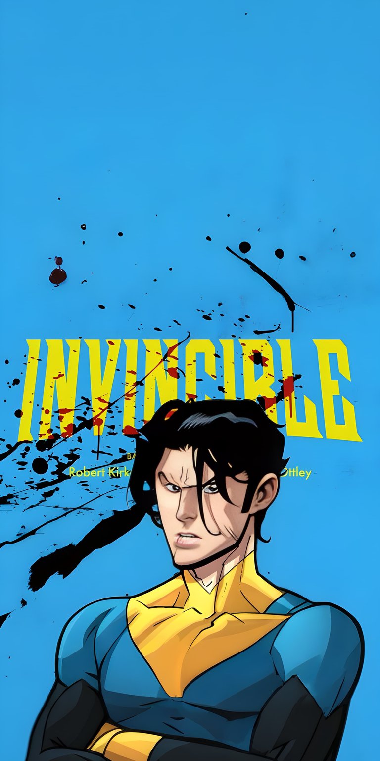 This 4K aesthetic wallpaper features Mark Grayson from Invincible posing confidently against a vibrant blue sky with gritty ink splatters. Perfectly sized for your iPhone, this wallpaper captures the bold primary colors and intense energy of the hit comic series.