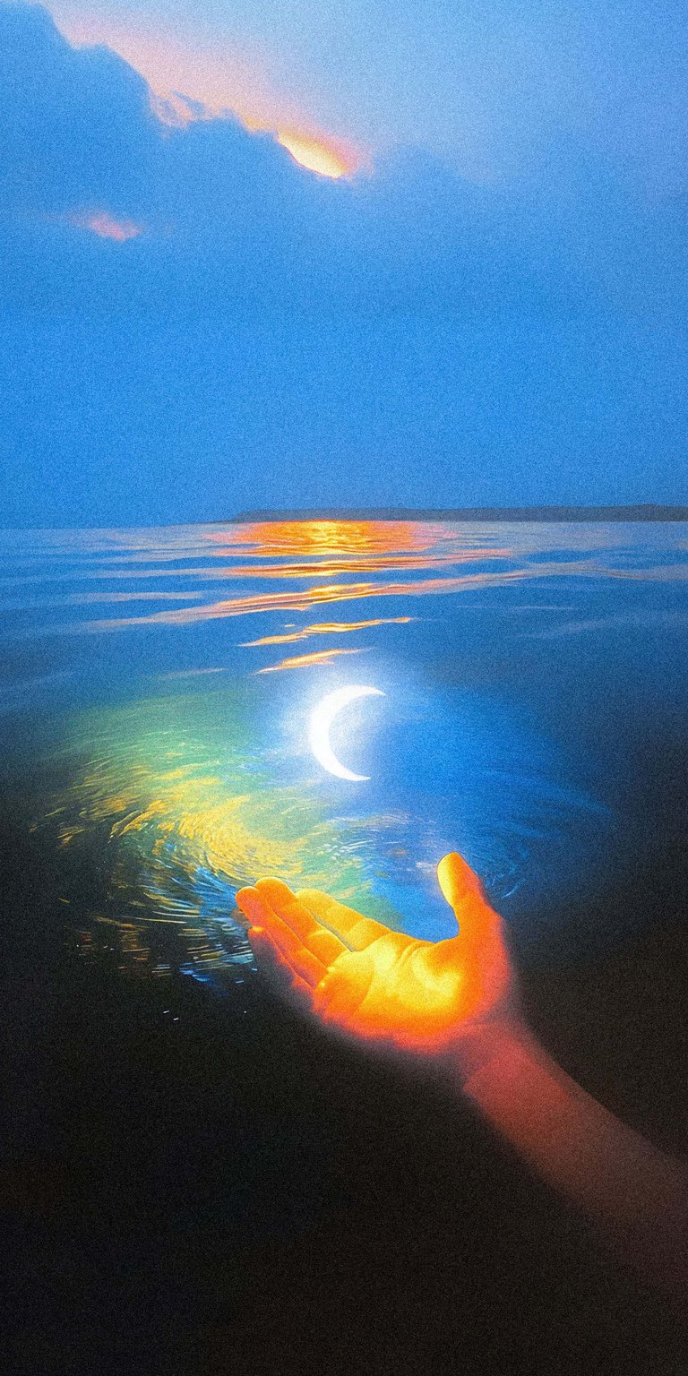 Download this Moon Hand 4K wallpaper for your iPhone, showcasing a hand holding a crescent moon over rippling water. The stunning wallpaper also features distant land and clouds tinted with sunlight.