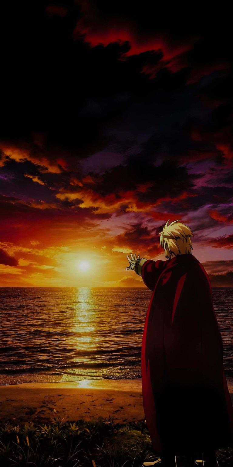 Download this Gilgamesh 4K wallpaper for your iPhone, showcasing a majestic sunset and a dark red cloak. This stunning wallpaper captures Gilgamesh pointing towards the sun, standing on a beach.