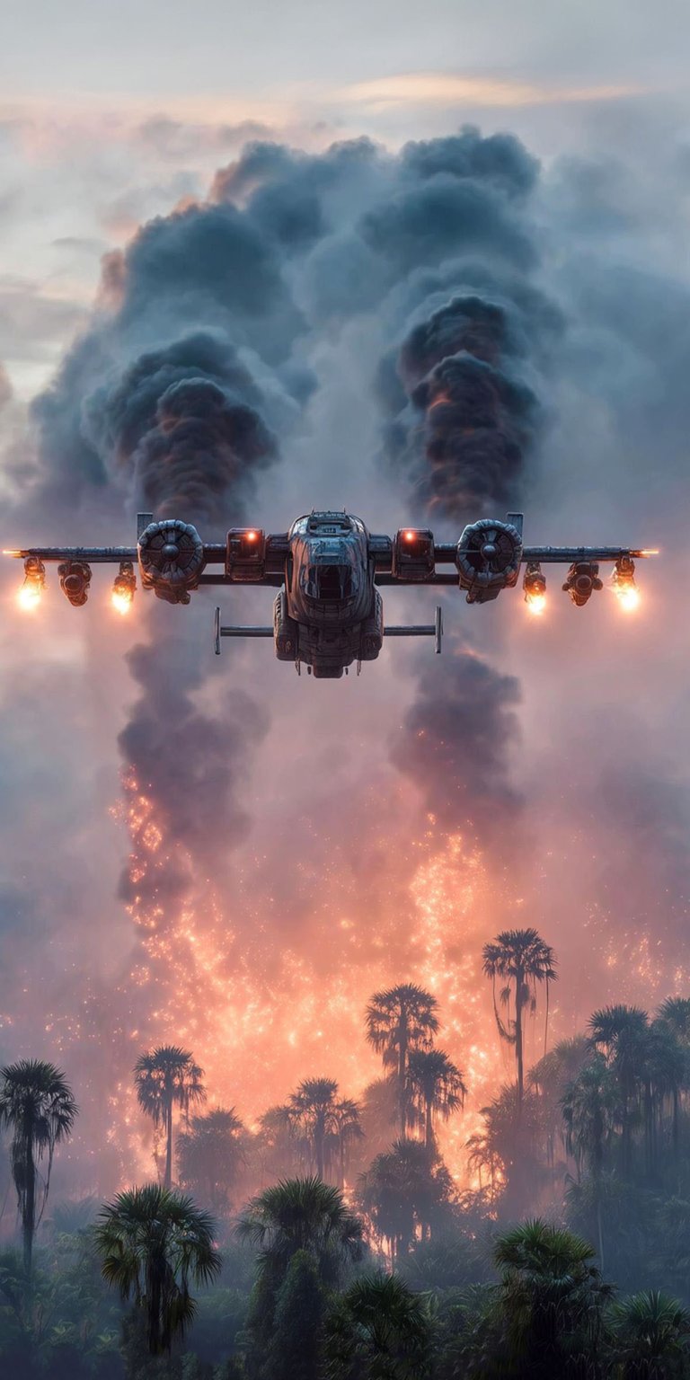 Download this intense Bomber Plane 4K wallpaper for your iPhone, showcasing a plane flying over a dense tropical forest amidst fiery explosions and billowing black smoke. Use this incredible plane wallpaper today!