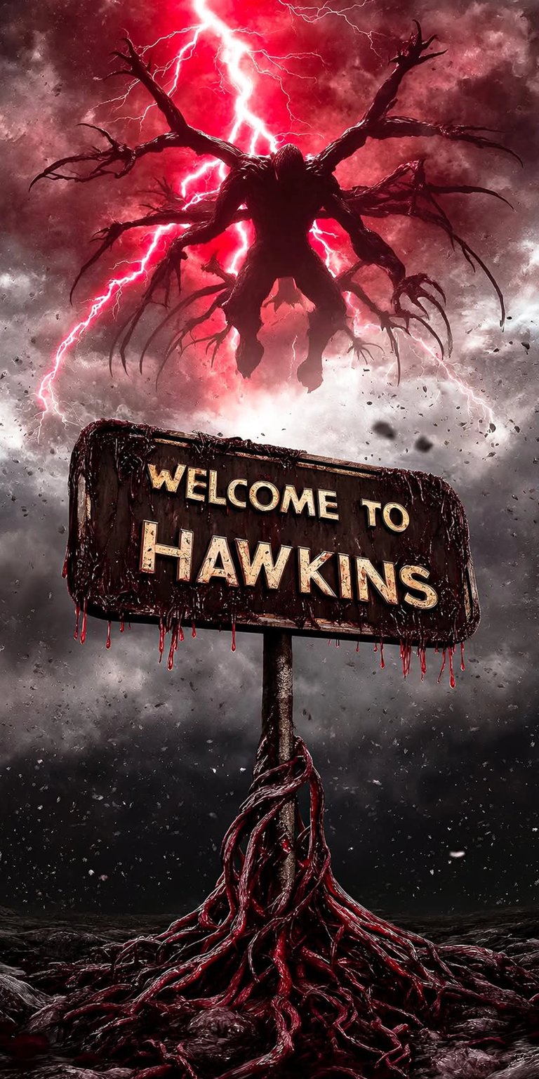 Download this Vecna 4K wallpaper for your iPhone, showcasing a frightening creature with tentacle-like limbs against a backdrop of red lightning and a weathered "Welcome to Hawkins" sign. This intense wallpaper captures a dark and ominous atmosphere, perfect for fans of horror and suspense.