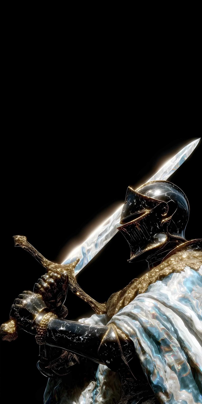 Download this stunning Knight 4K wallpaper for your iPhone today, featuring a knight with a glowing sword. The wallpaper showcases intricate detail of the armor's crackled texture and ornate gold trim.