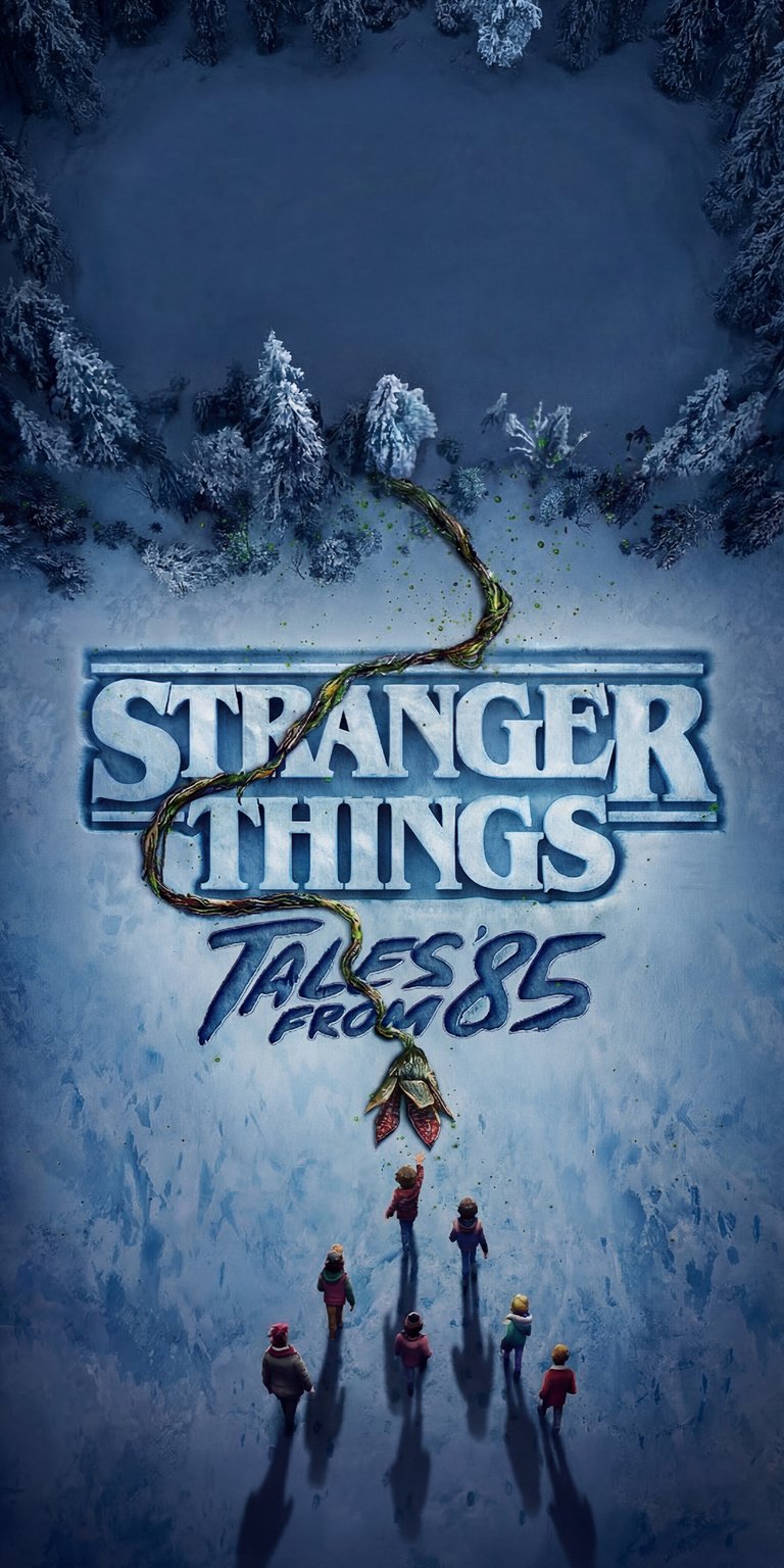 This Aesthetic wallpapers design features the Stranger Things cast walking across a snowy field toward a Demogorgon vine. Elevate your iPhone with this 4K wallpaper showcasing cool blue tones, long dramatic shadows, and a chilling winter atmosphere.