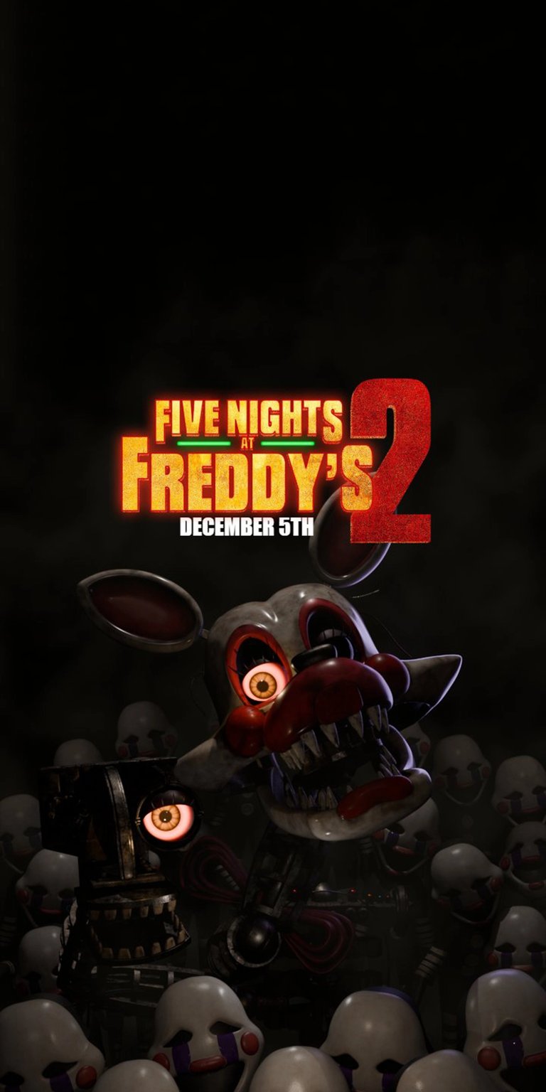 Download this Mangle 4K wallpaper for your iPhone! This stunning wallpaper showcases the animatronic fox's eerie design, with sharp teeth and glowing orange eyes, surrounded by unsettling puppet masks.