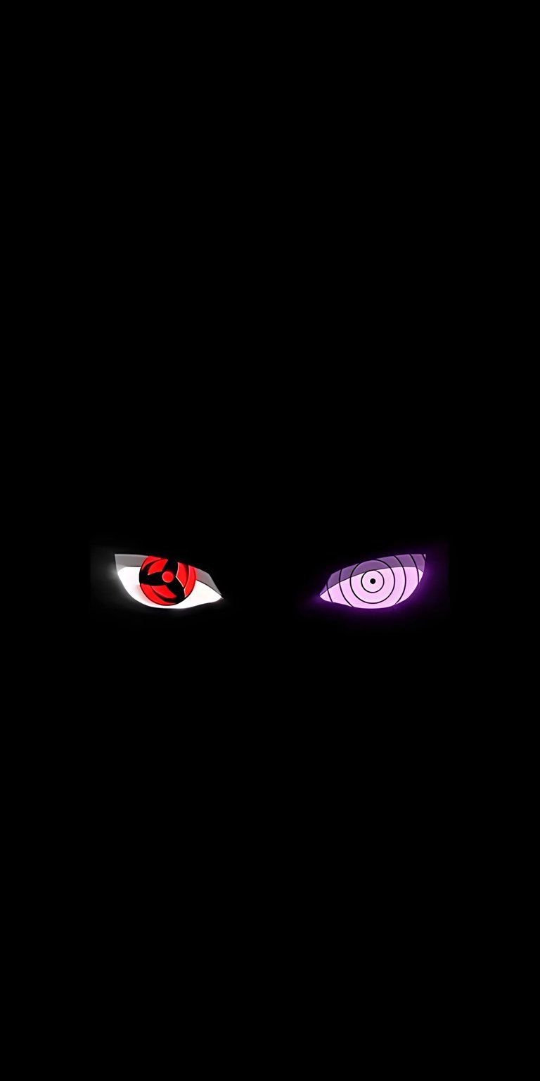 A highly sought-after 4K wallpaper for anime fans, showcasing the powerful Dojutsu eyes from the Naruto series—specifically the purple Rinnegan and the red Sharingan—against a stark, pure black background. This dark aesthetic design is instantly recognizable and intimidating, making it a powerful statement for mobile screens for fans of Naruto and Mangekyō/Rinnegan visuals.