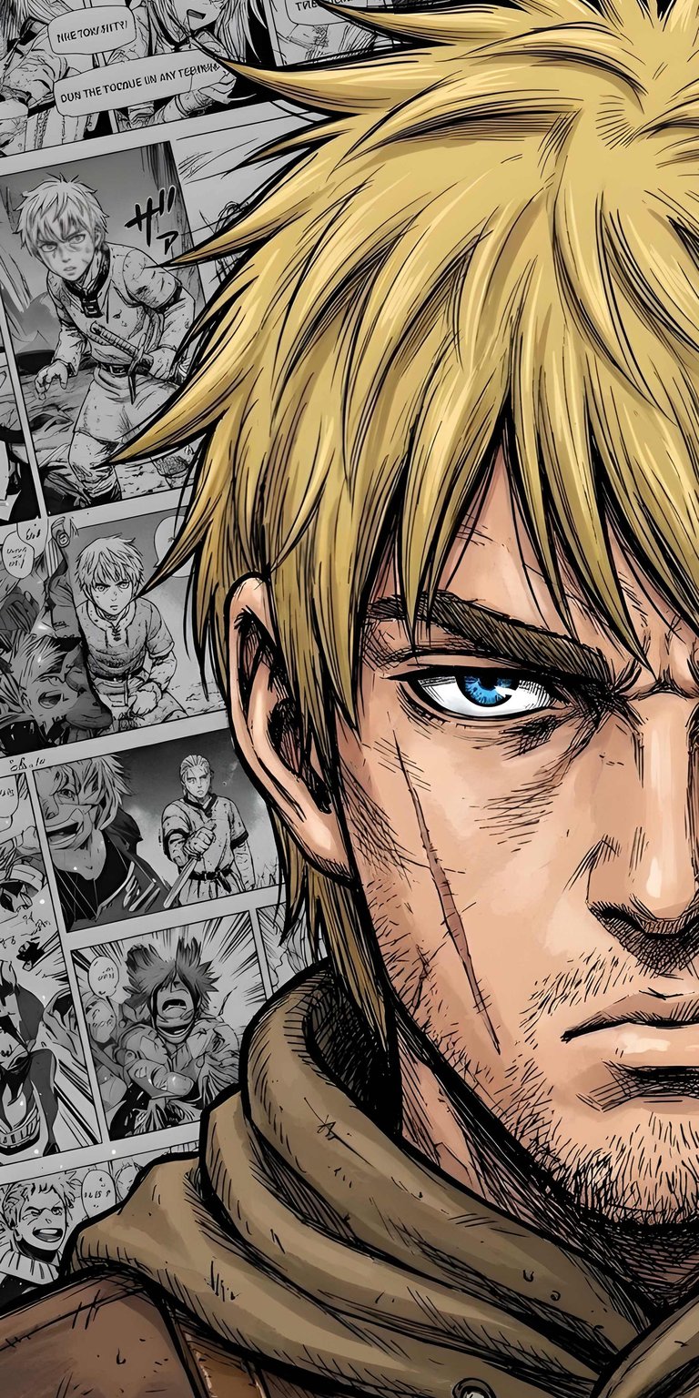 Get this Thorfinn wallpaper in stunning 4K resolution for your iPhone, showcasing his striking blue eyes and detailed blonde hair. This wallpaper features Thorfinn in a close-up shot set against a dynamic manga background.
