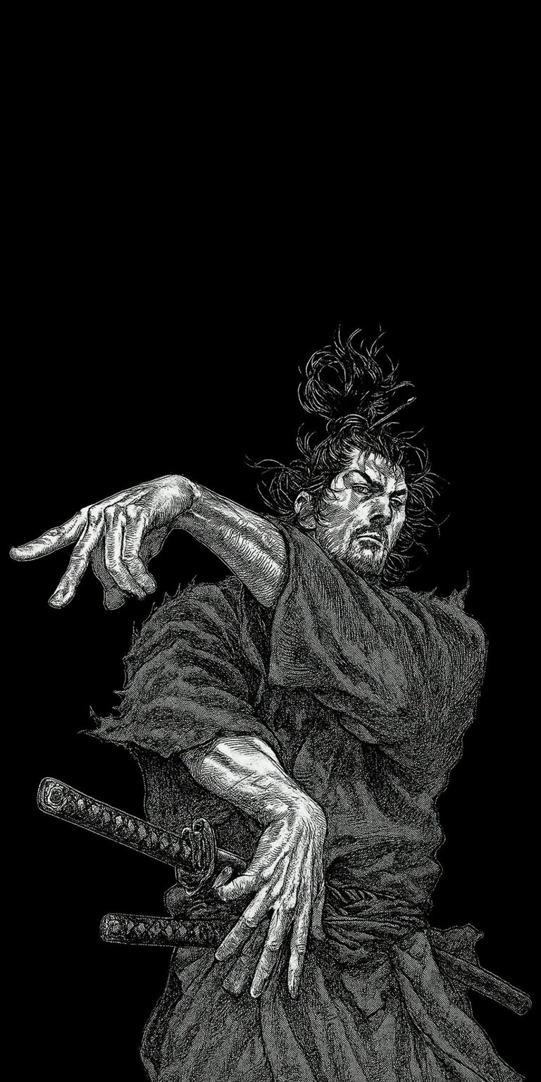 This 4K wallpaper features Miyamoto Musashi in a dynamic pose, with his distinctive topknot and dual swords prominently displayed. Get this iPhone wallpaper today!