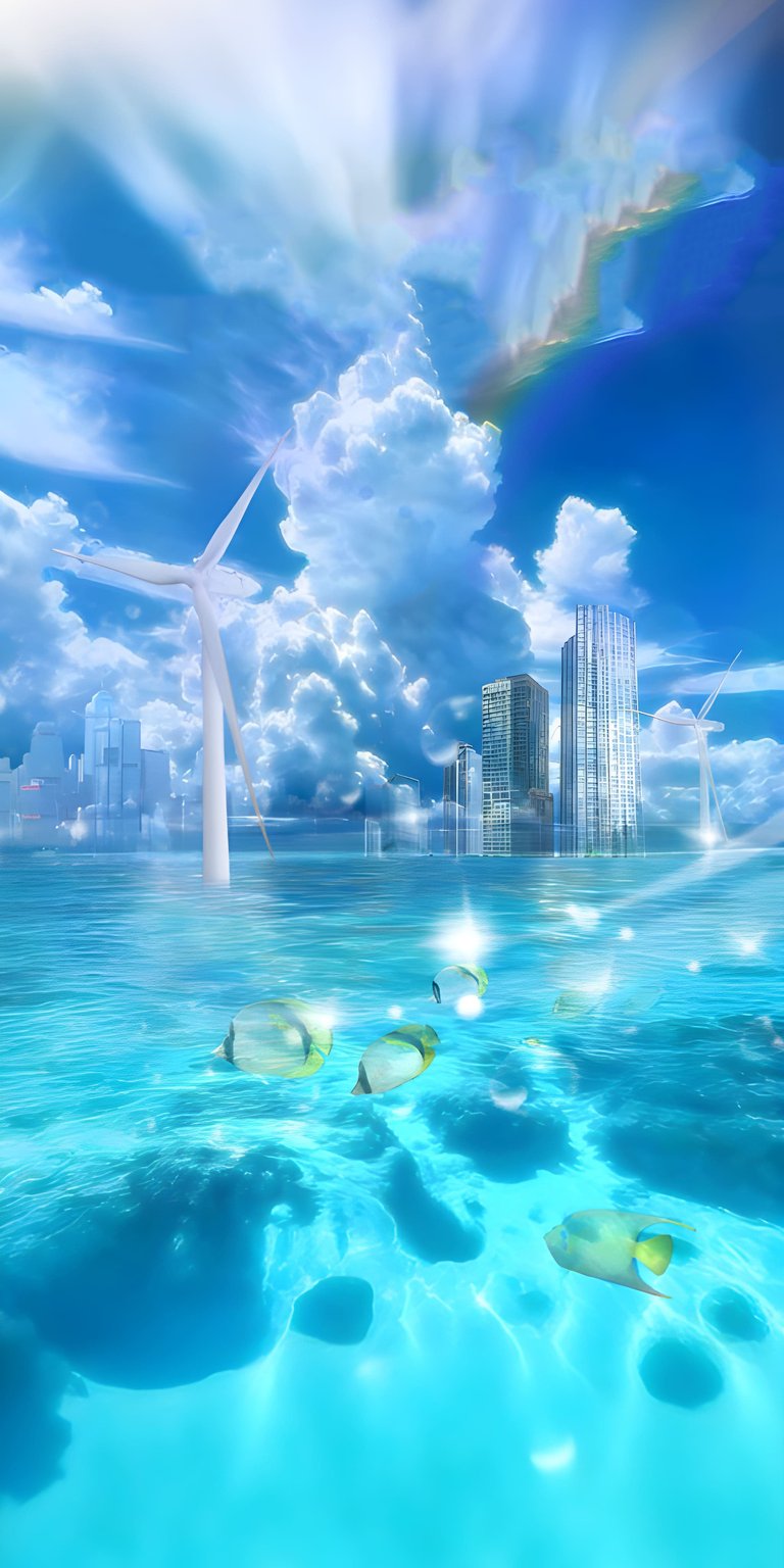 This stunning 4K wallpaper features a vibrant underwater scene perfect for your iPhone. See tropical fish swimming near submerged rocks, a city skyline with wind turbines, and a rainbow in the sky.