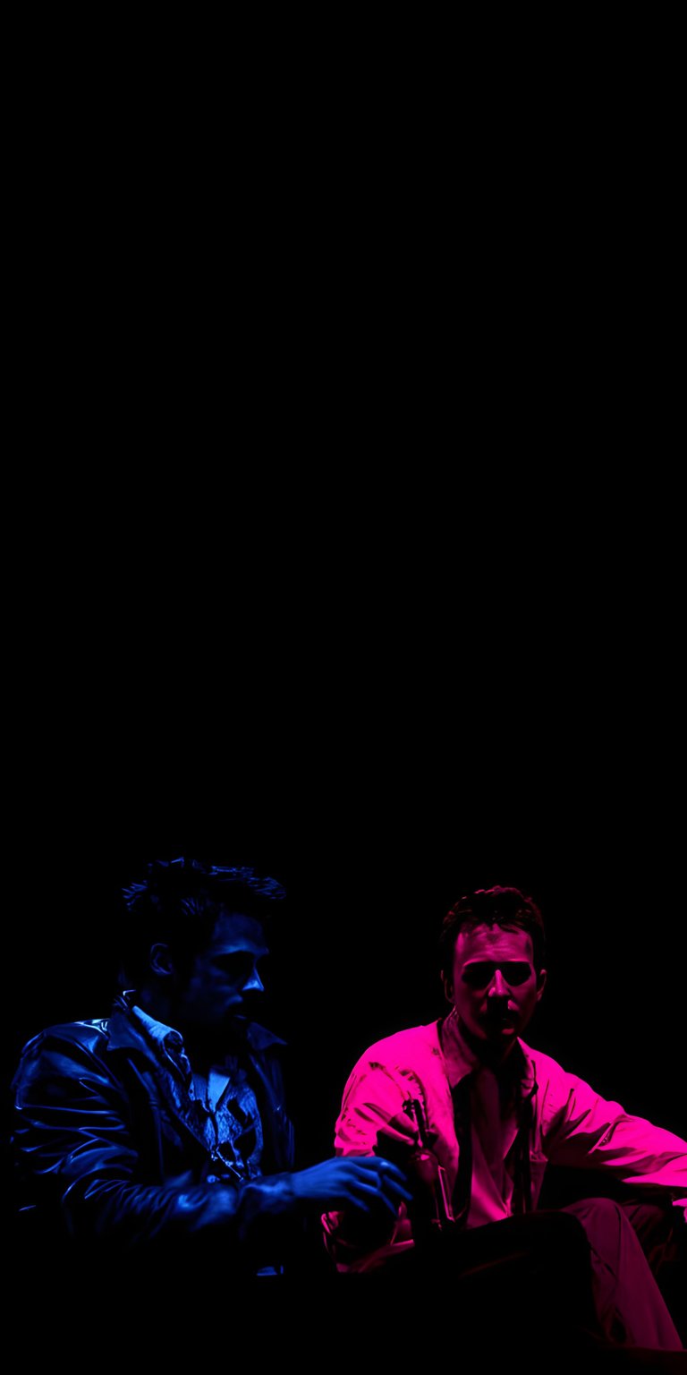 Download this dynamic Fight Club 4K wallpaper for your iPhone! Featuring Tyler Durden and the Narrator cast in blue and pink hues, this wallpaper offers a modern aesthetic.