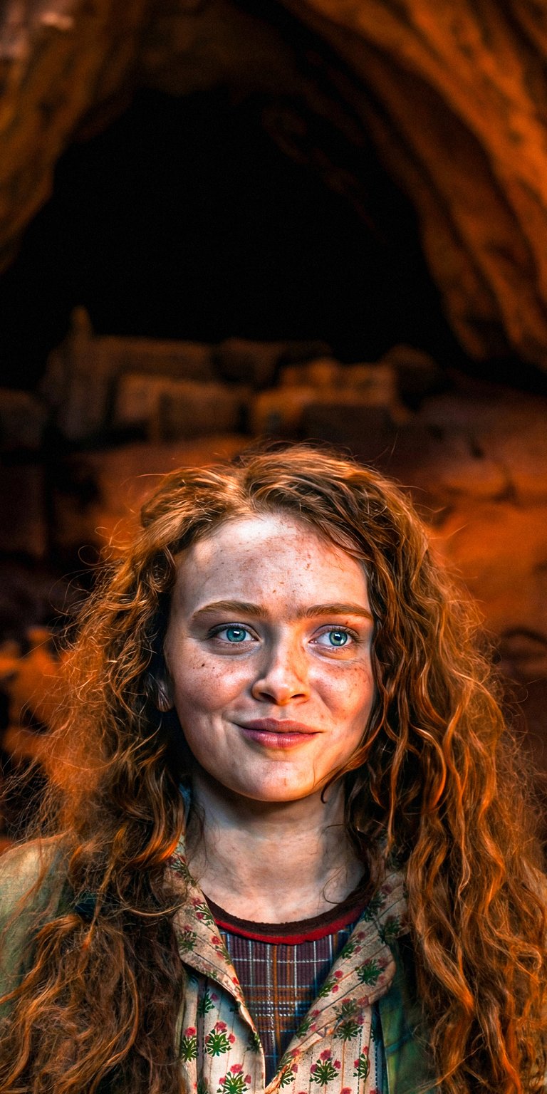 Download this stunning 4K wallpaper of Sadie Sink for your iPhone, showcasing her vibrant red hair and captivating blue eyes. The wallpaper also highlights the floral patterns on her shirt, making it a visually striking choice.