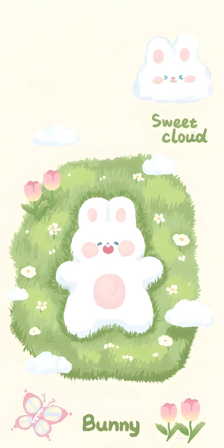Download this cute bunny wallpaper in 4K for your iPhone, featuring a fluffy bunny lying in a field of flowers and a sweet cloud floating above. This adorable wallpaper showcases a butterfly and pastel tulips for a charming look.