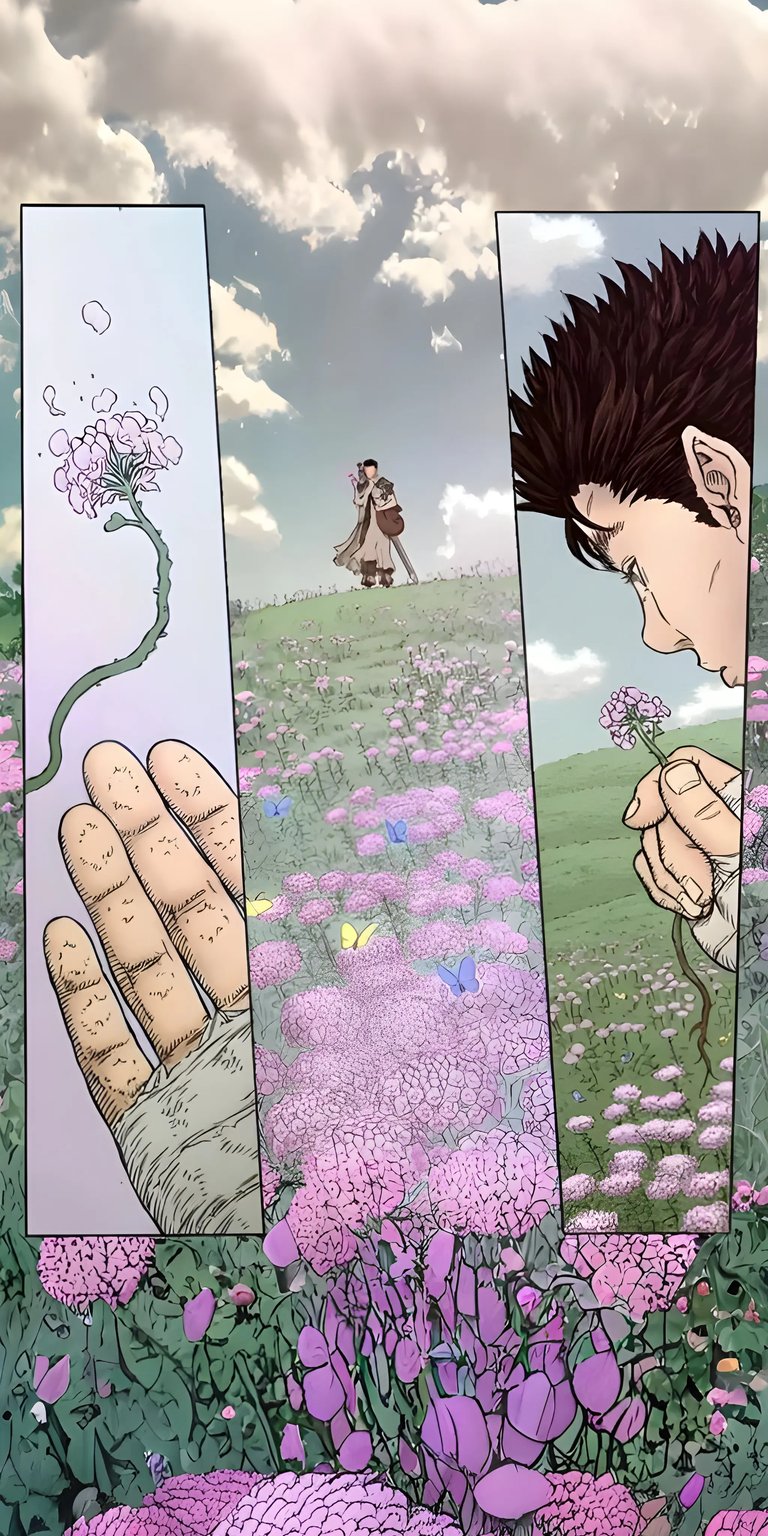 Download this serene Guts wallpaper in 4K, perfect for your iPhone, showcasing Guts in a field of purple flowers with blue and yellow butterflies. This detailed wallpaper features a manga panel aesthetic with a contemplative scene.