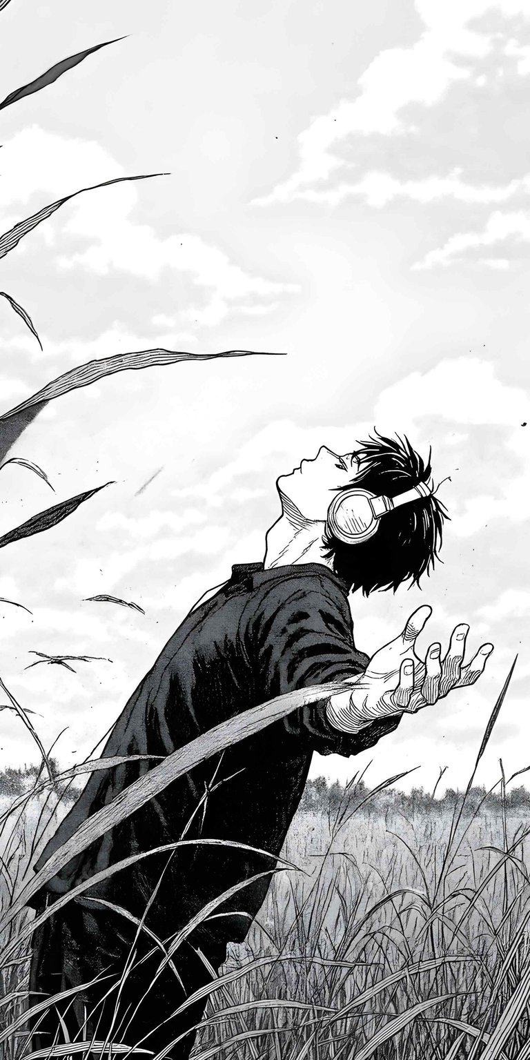 Download this striking Inio Asano 4K wallpaper for your iPhone, featuring a man with headphones in a field. The detailed manga art showcases the tall grass, outstretched hand, and dramatic sky, perfect as a high-resolution wallpaper.