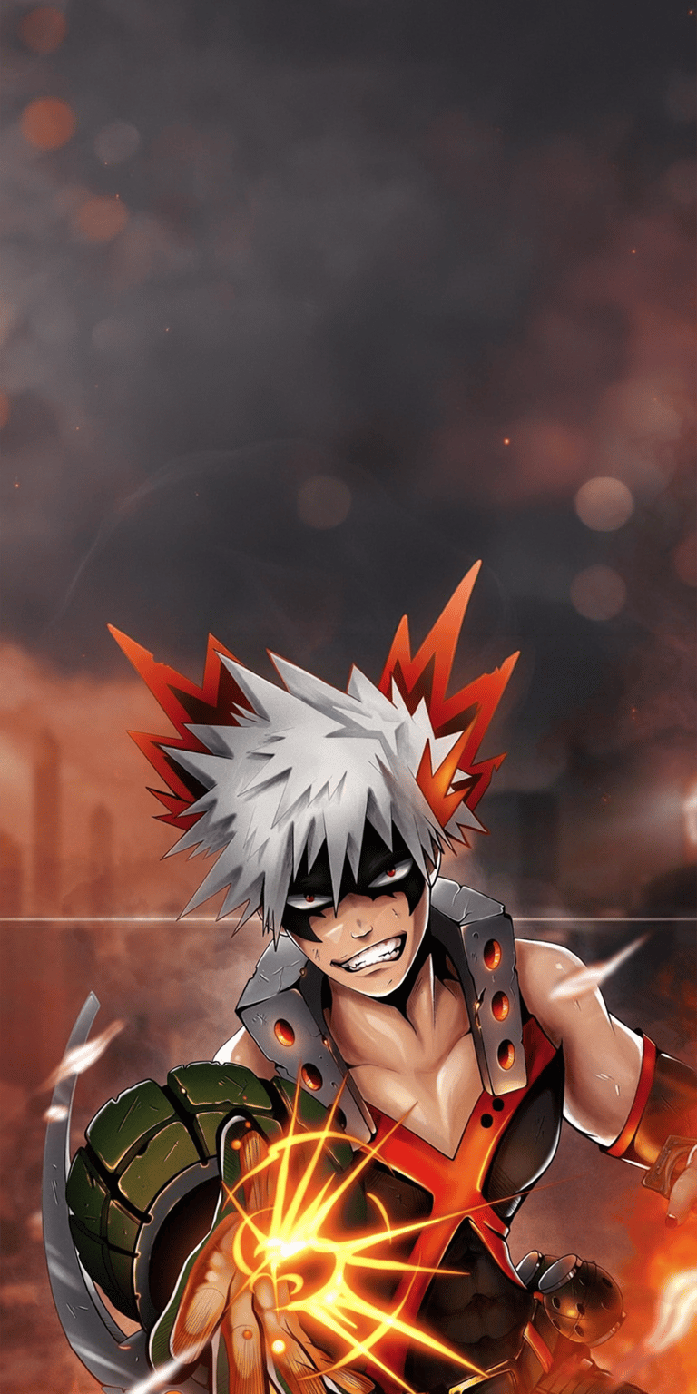 This stunning Bakugo 4K wallpaper is perfect for your iPhone! The image showcases Bakugo's intense expression, spiky white and red hair, and the vibrant energy swirling around his hand.