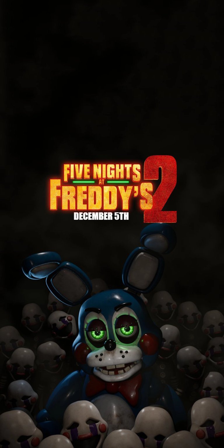 A chilling, high-definition live wallpaper featuring Toy Bonnie from the upcoming Five Nights at Freddy’s 2 movie. The design showcases the animatronic’s glowing green eyes peering through the darkness, surrounded by a haunting pile of white masks. Perfect for fans anticipating the December 5th release, this wallpaper captures the eerie, polished horror aesthetic of the Fazbear franchise.