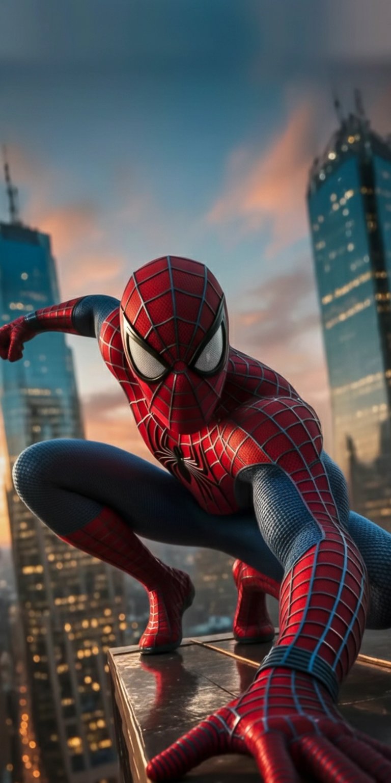 Download this stunning Spiderman 4K wallpaper for your iPhone, featuring his classic red and blue suit. The wallpaper showcases Spiderman perched atop a skyscraper with a gleaming cityscape in the background.